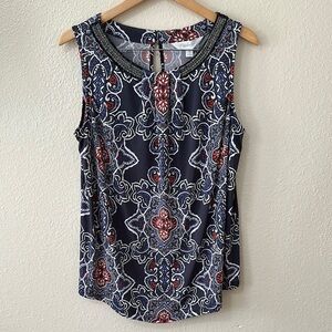 Blue and White Sleeveless Beaded Collar Blouse